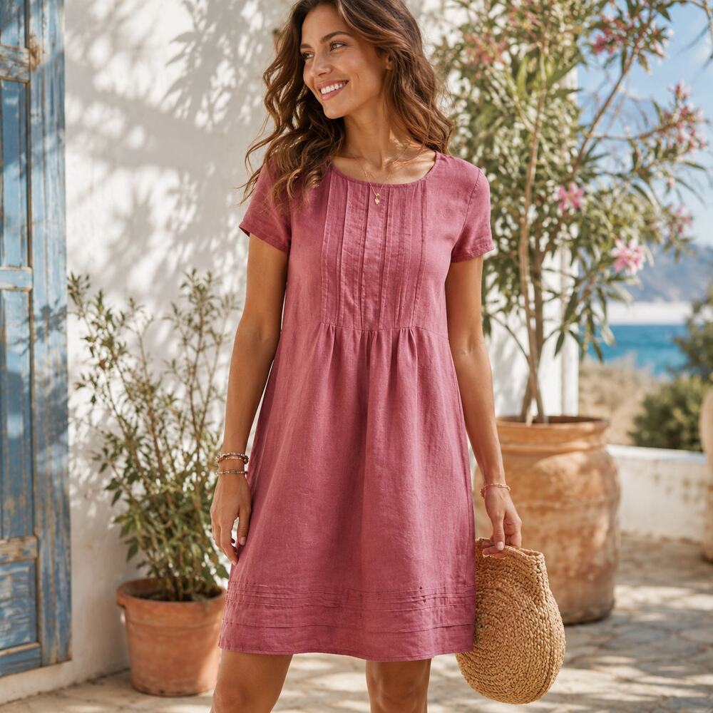 J. Jill Love Linen SZ 1X 100% Linen Pintuck Shift Dress Cap Sleeves Mauve Pink